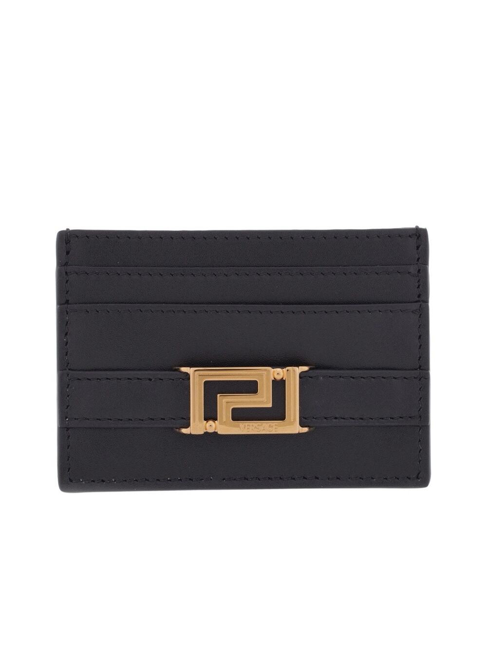 NIB Versace Greca Goddess Credit Card Holder Gold Hardware Black Leather